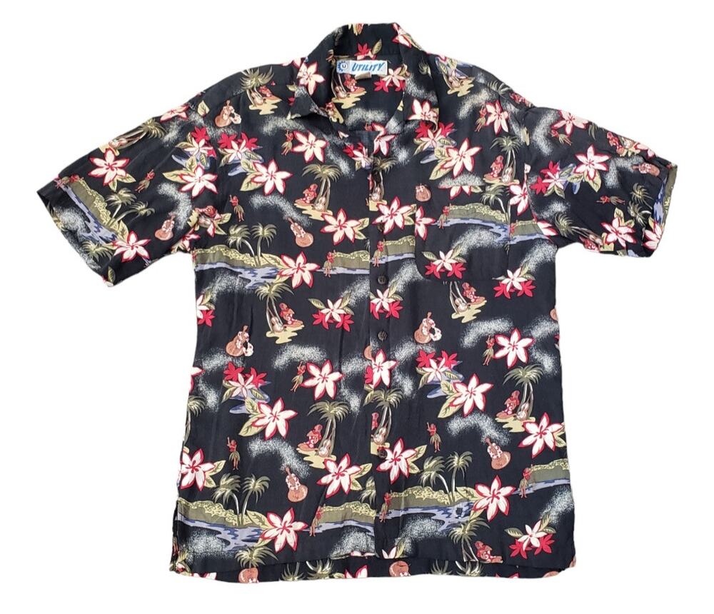 Utility Retro Hawaiian Floral Dancer Button Down Collared Short Sleeve T Shirt